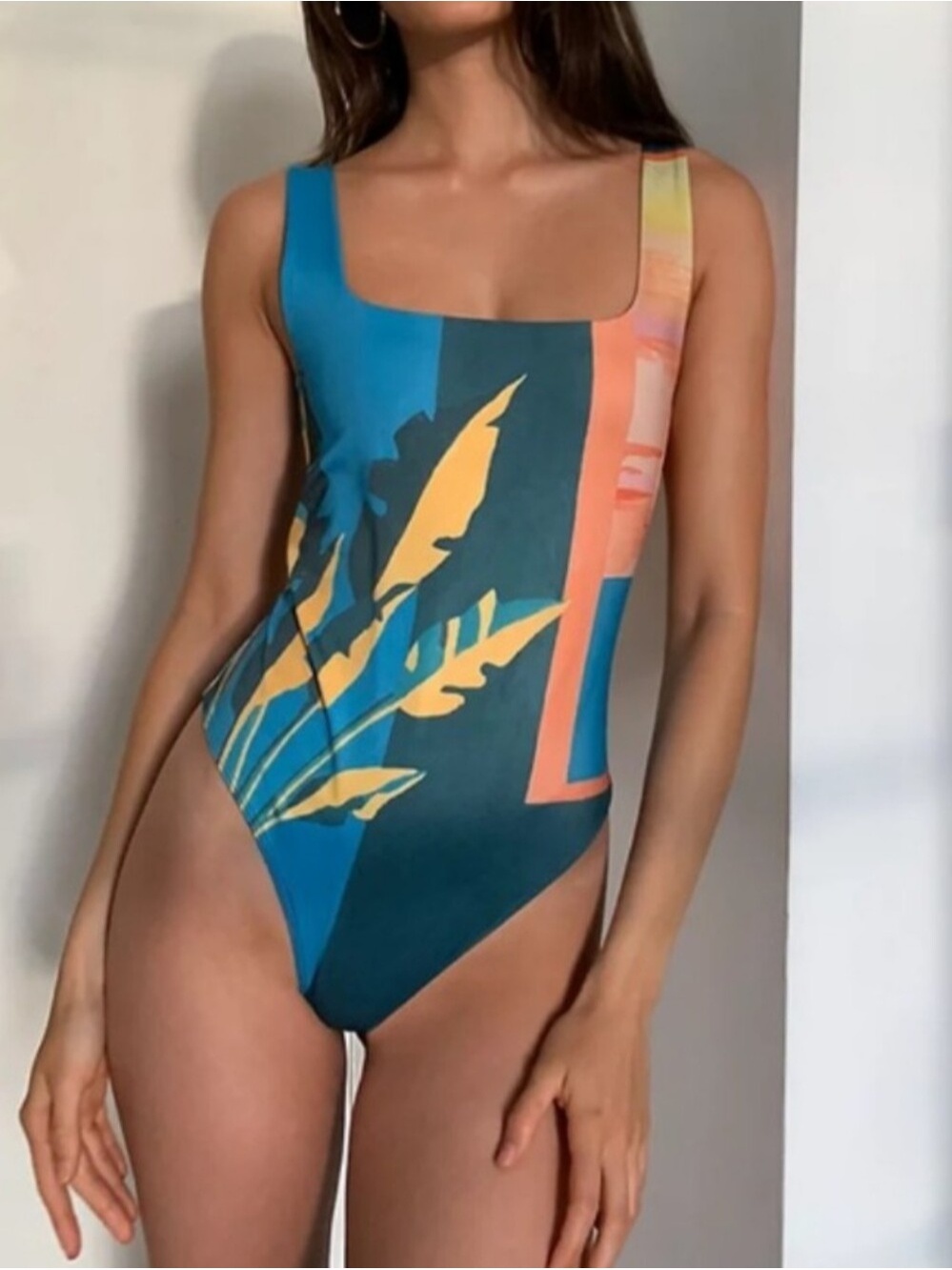 Babaton Aritzia Tropical Sunset Palm Print Thong Bodysuit Womens Size Large Top